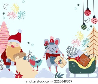 Winter card with funny the mouse is holding a gift, cute Santa Claus, Christmas tree, sleigh of present and other. Magic banner. Concept Christmas and New Year. Vector illustration.