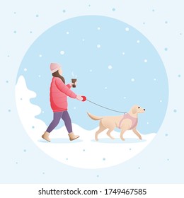 Winter Card. Girl with a Cup of Coffee or Tea and a Labrador Walks under the Snow in the Park. Young Woman in Red Down Jacket  Walking with Dog. Winter Landscape Vector Illustration. Trend Flat Design