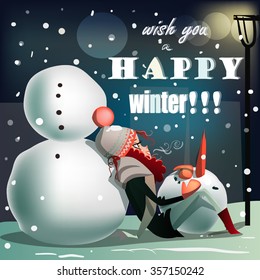 winter card with girl and snowman