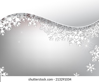 Winter card. Gray background with snowflakes, lights and white paper wave with space for text.
