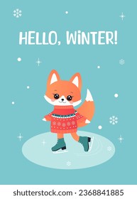 winter card, greeting, new year and christmas. with a cute fox.