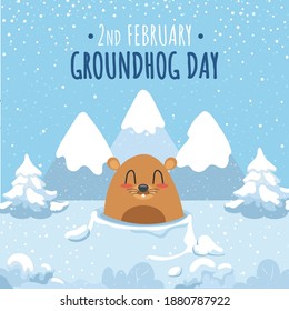 Winter Card With Groundhog Day. A Small Rodent In A Snowy Forest Among The Mountains. Cute Vector Illustration.