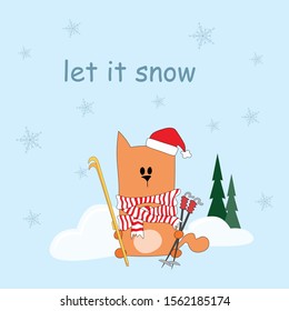 Winter card with hand drawn letters let it snow with cute cat in red hat and striped scarf 