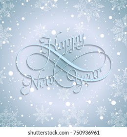 Winter card Happy New Year, banner blue color isolated on the frosty background with snow and snowflakes. Vector illustration EPS 10