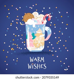 Winter card with hot cup of chocolate, cookie, candy and marshmallows. Christmas beverage and candy with lettering Best Wishes.