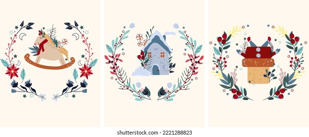 Winter card, house among heaps of snow, Santa Claus into the chimney, rocking horse in vintage style, winter wreath, pine branches, colorful leaves. Concept Christmas and New Year