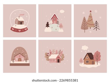 Winter card with houses, trees for Christmas