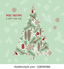 Winter Card illustration, Christmas Tree and lettering "Merry Christmas and Happy New Year"