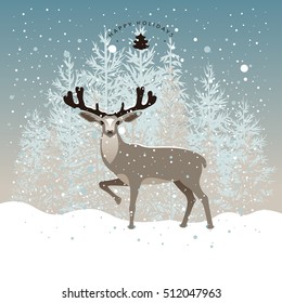 Winter card with the image of a deer in the woods on a snowy day
