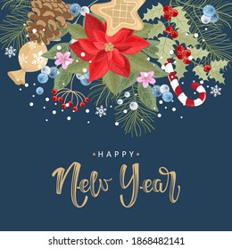 Winter card with the inscription "Happy New Year". Vector illustration. Winter holiday card with 
calligraphic and hand-drawn design elements.
