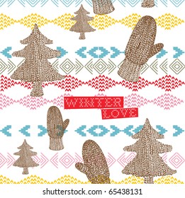 Winter card with knitted Christmas tree and mittens