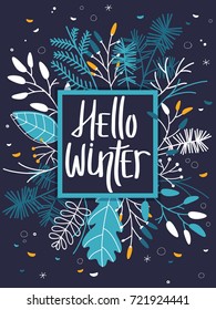 Winter Card with Leaves and Branches - Dark Background