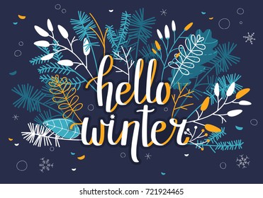 Winter Card with Leaves and Branches - Dark Background