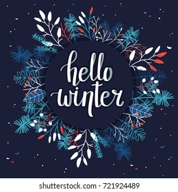 Winter Card with Leaves and Branches - Dark Background