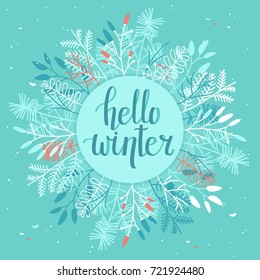 Winter Card with Leaves and Branches - Mint Background