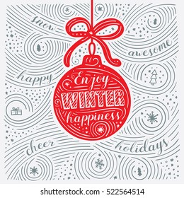 Winter Card. The Lettering - Enjoy Winter Happiness. New Year / Christmas Design. Handwritten Swirl Pattern. Vector Illustration.