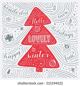 Winter Card. The Lettering - Hello Lovely Winter. New Year / Christmas Design. Handwritten Swirl Pattern. Vector Illustration.