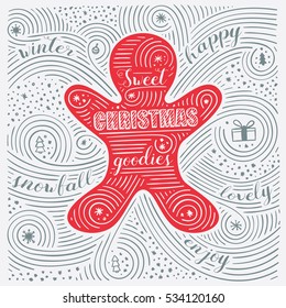 Winter Card. The Lettering - Sweet Christmas Goodies. New Year / Christmas Design. Handwritten Swirl Pattern. Vector Illustration.