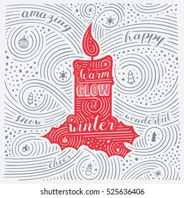 Winter Card. The Lettering - Warm Glow Of Winter. New Year / Christmas Design. Handwritten Swirl Pattern. Vector Illustration.