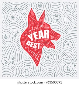 Winter Card. The Lettering - Wonderful Year With Best Friend. New Year Of The Dog / Christmas Design. Handwritten Swirl Pattern. Vector Illustration.