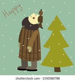 Winter  card  with a man, looking up at falling snow. Christmas and  New Year mood. Cute hand drawn  vector  print for poster, postcard ,t-short and ect.
