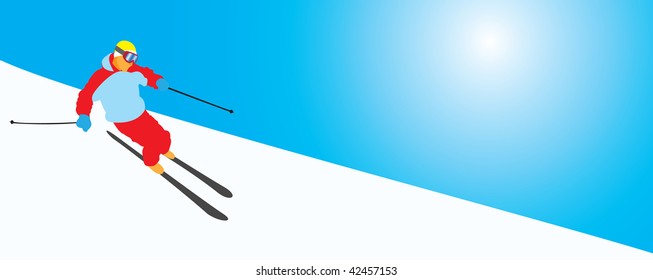 Winter card: man skiing down the mountain with blue sky on the background