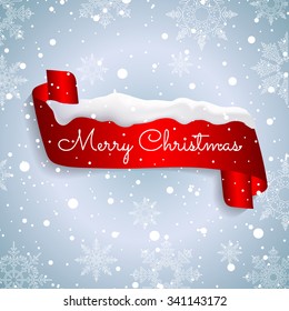 Winter card Merry Christmas, banner realistic detailed curved paper or ribbon red color isolated on the frosty background with snow and snowflakes. Vector illustration