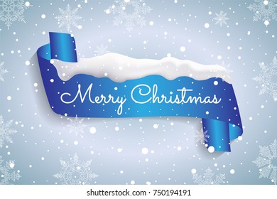 Winter card Merry Christmas, banner realistic detailed curved paper or ribbon blue color isolated on the frosty background with snow and snowflakes. Vector illustration