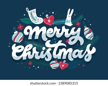 Winter card. Merry Christmas and happy new year - cute postcard. Lettering label for poster, banner, web, sale, t-shirt design. New year holiday greeting card.