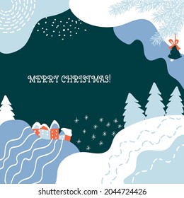 Winter card. Merry Christmas! Vector border, frame. Spruce branches, snow, lines, curves and spots, dots, snowflakes, drifts, cozy winter houses.  Perfect for a postcard or poster