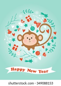 Winter card with monkey in green for Merry Christmas