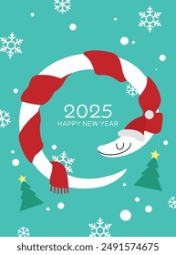 Winter card new year 2025 celebration zodiac snake on snow background. Cute zodiac snake with scarf and winter christmas hat.