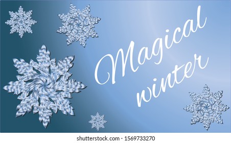 Winter card on a blue background with snowflakes. Vector fairytale illustration.