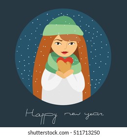 winter card on Christmas theme. red-haired girl in scarf, cap and gloves holds Red heart on winter background and happy new year. Template for invitation, greeting card.