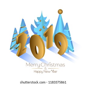 Winter card on a white background. Golden numbers 2019. Blue Christmas tree with golden toys. Isometric 3d
