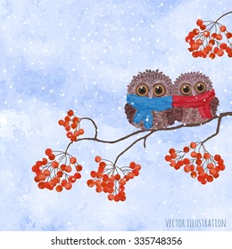 Winter card with owls on a branch of rowan and snowflakes. 