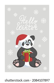 Winter card with panda in santa hat with red gift box and hello winter text.