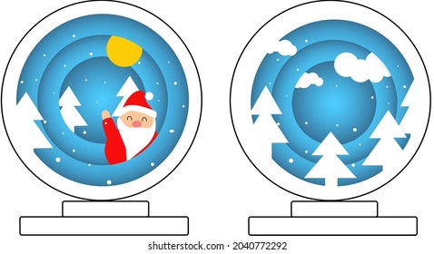 Winter card in paper cut style. Composition of 2 snow balls, in which there are trees, snow and Santa Claus. Postcard, background, banner, poster, flyer for the new year and christmas