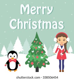 winter card with penguin and winter girl and fir-tree