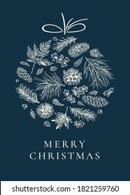 Winter card with winter plants. Christmas ball. Vector illustration. Classic Blue background and white greeting.