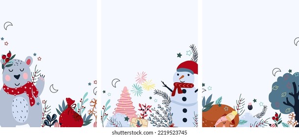 Winter card, polar bear in a scarf, cute snowman, sleeping deer among heaps of snow, Christmas tree, pine branches, colorful leaves. Concept Christmas and New Year. Vector.