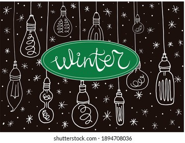 Winter card, poster, print on paper, glass of coffee, decoration