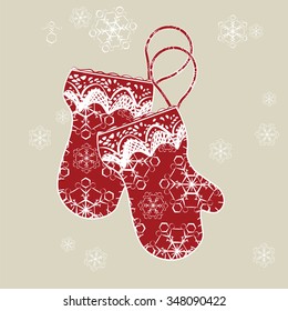 Winter card with red gloves and snowflakes. Vector