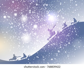 Winter card. Riding on snow slides. Sleigh silhouette silhouette on a beautiful  light snowy background. Winter card. Sledging.