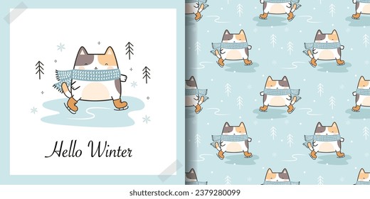 Winter Card and Seamless Pattern set with Cute Skating Cat, Doodle Cartoon Animals Background, Vector Illustration