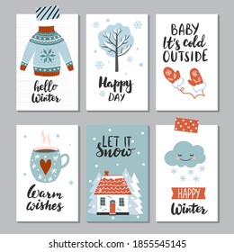 Juego de cartas de invierno. Afiches lindos dibujados a mano, plantilla de diseño vectorial con citas de caligrafía de temporada e ilustraciones.