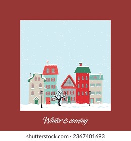 Winter card. Snow picture. Winter picture with cute houses