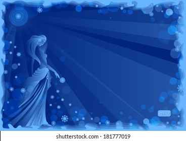 winter card with a snow queen in blue colors