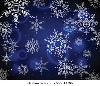 Winter card snowflake pattern. Winter frosty background. Christmas. Snowfall. Snowstorm. New Year. Weather. Vector paper illustration.