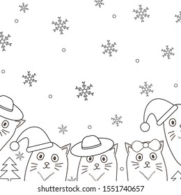 Winter card with snowflakes and cats. Coloring page. Vector illustration.